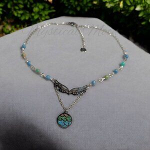 Angel Wings and Ocean Waves Silver Tone Blue & Green Gemstone Beaded Necklace